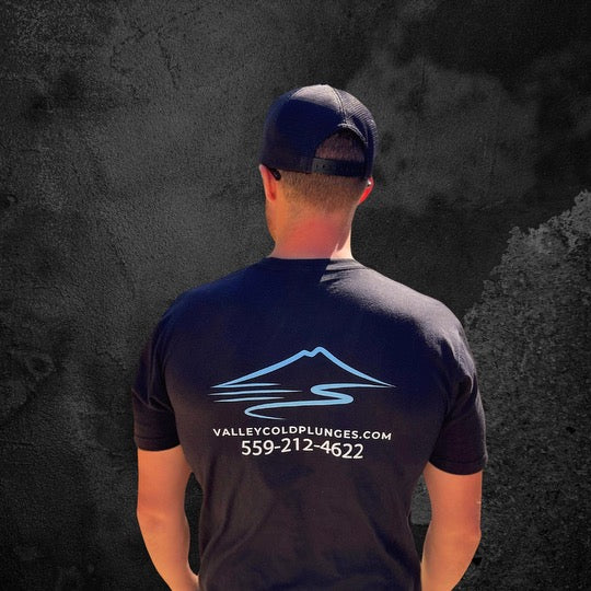 Back of black VCP T-shirt with Valley Cold Plunges logo